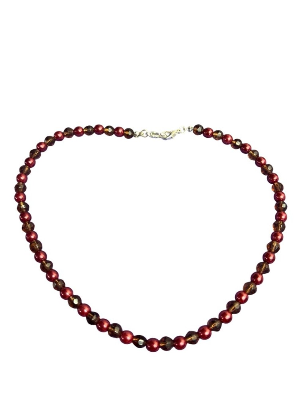 Maroon Burgundy Faux Pearl Faceted Beaded Necklace Silvertone Lobster Clasps